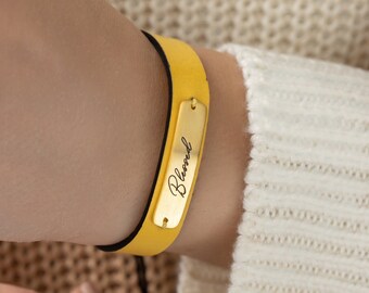 Positive affirmation  18k Gold plated engraving bracelet  on real leather strap gift idea for a friend