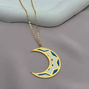 Gold Crescent Moon Necklace Islamic Geometric Pendant, Blue & White Enamel Jewelry, Eid Gift for Her, Celestial Ramadan Necklace, Trendy