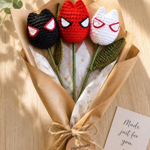 Spider-Man Inspired Crochet Tulip Bouquet | Miles Morales & White Spider-Man Inspired Flower | Handmade Superhero Gift | Marvel Fan Decor