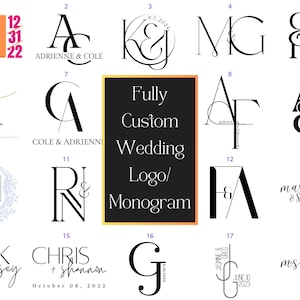 May include: A collage of 18 different wedding logo designs. The logos are a mix of initials, names, and dates. The logos are in a variety of styles, including script, block, and modern. The logos are all in black and white, except for one logo that is in pink and orange.