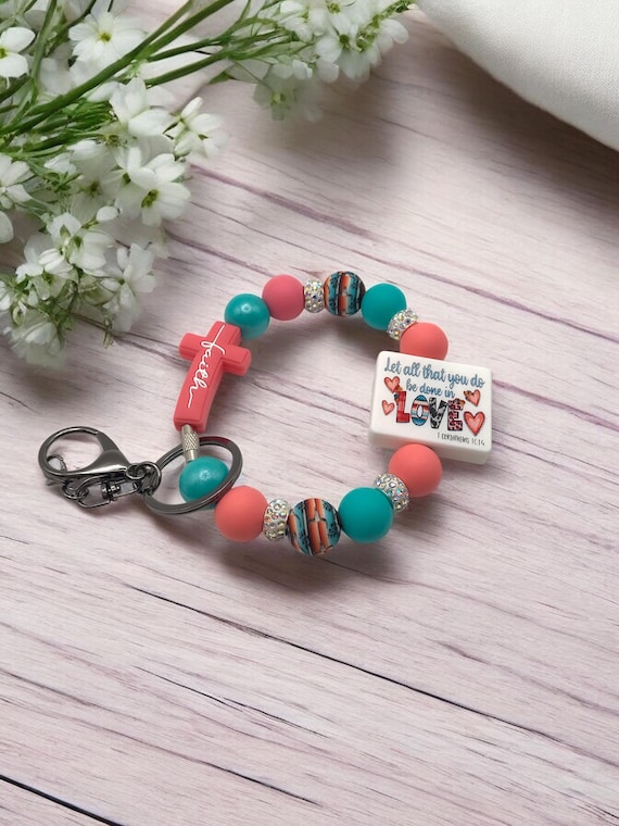 Beaded keychain wristlet, religious accessories, phone charm, phone accessories