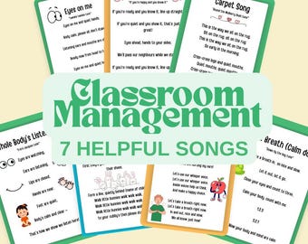 Classroom Management Songs for Teachers – 7 Printable 5x8 Cards, Classroom Rules, Behavior Management, Transition Songs for Kids
