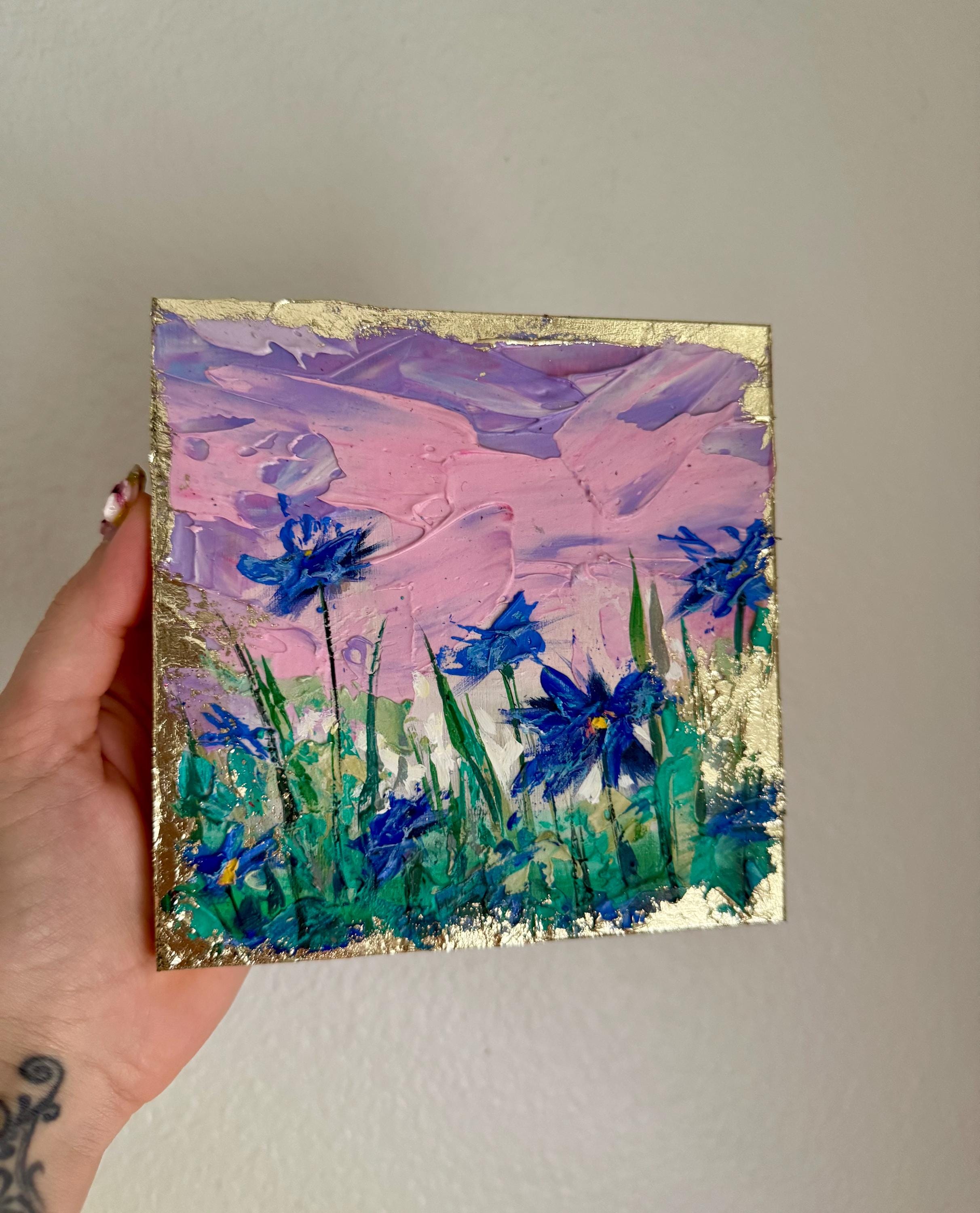 small mini tiny wooden oil painting. Flower field at sunset with decorative gold.Original art. Ready to hang.