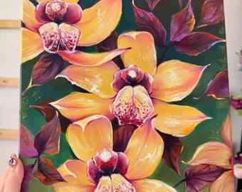 Original Orchid Painting Floral Art Yellow Tropical Flowers Realistic Oil Painting Ready to Hang.  14x11in (36x29cm)