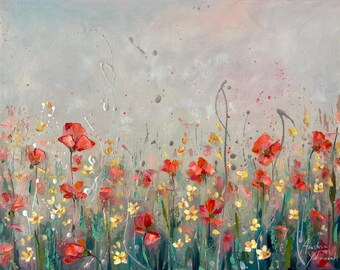 Abstract handmade oil painting. Original art. Field of flowers poppies daisies and other wild flowers.