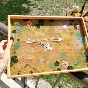 Handmade Koi Fish Tray, Epoxy Resin Serving Tray, Water Lily Pond Art, Japanese Garden Decor, Unique Wooden Gift for Home