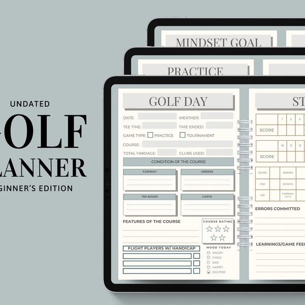 Planificador de golf, Diario de golf, Planificador digital, Registros de práctica de golf, Planificador PDF, Diario digital PDF, Planificador de golf para principiantes