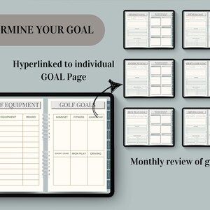 May include: A digital planner for golfers with a page for determining goals and a page for listing golf equipment. The planner includes sections for mindset, fitness, handicap, short game, iron play, and driving. The planner also includes a monthly review of goals.