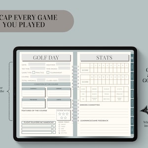 May include: A digital planner page with a gray background and gold accents. The page is titled "Golf Day" and includes sections for recording the date, time, weather, game type, course, total yardage, clubs used, condition of the course, features of the course, flight players with handicap, mood today, score, errors committed, and learnings/game feedback. The page also includes a section for stats with a grid for recording scores and a section for recording errors committed.