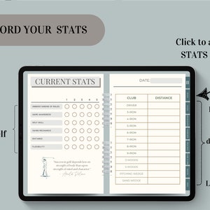 May include: A digital planner for golfers with a gray and white color scheme. The left page has a section titled "Current Stats" with a rating system for different aspects of golf. The right page has a section titled "Club" and "Distance" for recording golf club distances. The text "Record Your Stats" is at the top of the page.