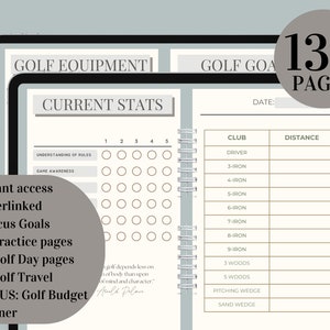 May include: A digital planner for golfers with 130 pages. The planner includes sections for current stats, golf equipment, practice, and golf day pages. The planner also includes a section for tracking club distances.