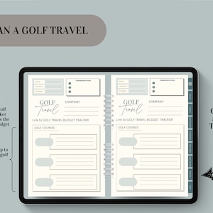 May include: A printable planner page for planning a golf trip. The page includes sections for dates, locations, transportation, budget, company, and golf courses. The page is titled "Plan a Golf Travel" and includes the text "GOLF Travel" and "Link to GOLF TRAVEL BUDGET TRACKER".