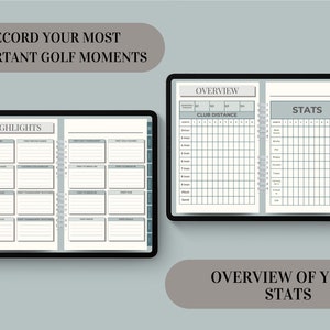 May include: A digital planner for recording important golf moments. The planner includes sections for highlights, club distance, and stats. The planner is designed to help golfers track their progress and improve their game.
