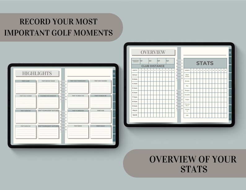 May include: A digital planner for recording important golf moments. The planner includes sections for highlights, club distance, and stats. The planner is designed to help golfers track their progress and improve their game.
