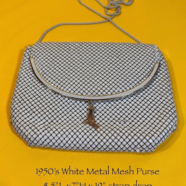 Vintage 1950’s glomesh white purse with gold toned  trim and tassle,  see pic for specs. Envelope closure.