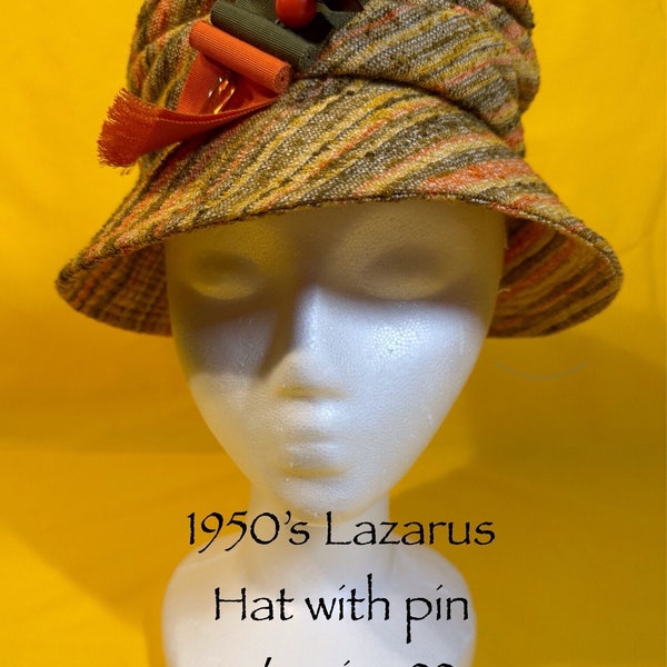 1950’s Vintage Lazarus Hat with pin  s/m size 22, Lazarus was a Paris and Ohio brand. True Mod Style. Gold Orange and Green with Geo pin.