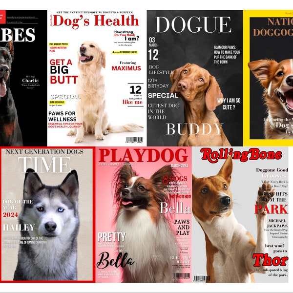 Personalisierte Hundedrucke, Zeitschriftencover, Haustierporträts, individuelle Haustierkunst, personalisierter Hundeposterdruck, Haustiercover, Mutter, Porträt vom Foto