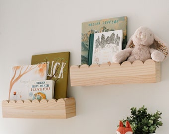 Scalloped nursery bookshelves for kids rooms, natural pine wood, preassembled and reversible