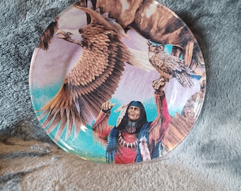 Vibrant Glass Plate With Indians, Eagles, Owls, Tribal and Bright Colors - Plate Stand Included -  Unique Gift Idea!