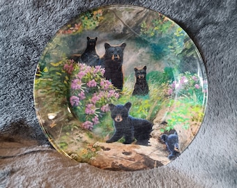 Crafted Glass Plate With Bears, Forest, Wildlife - Plate Stand Included! Unique Gift Idea