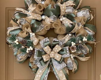 Burlap Wreath for Front Door, Sage and Burlap Wreath, Winter Burlap Wreath, Farmhouse Wreath, Country Wreath, Neutral Wreath,Everyday Wreath