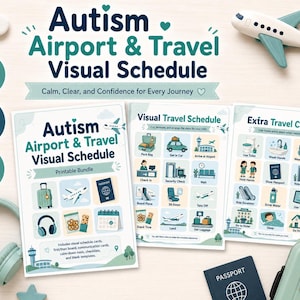 Op de afbeelding: Een printbare visuele planning voor vliegveld en reizen bij autisme, bestaande uit drie pagina's met geïllustreerde iconen voor reisstappen, inclusief een voorpagina, een visueel reisschema en extra reiskaarten in donkergroen en lichtblauw.