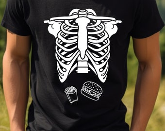 Burgers and Fries Skeleton Halloween Shirt | Adult Halloween costume dad Halloween t-shirts teacher Halloween shirt pregnancy reveal for dad