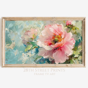 May include: A framed painting of a pink peony flower with a light blue background. The painting is in a light wood frame.
