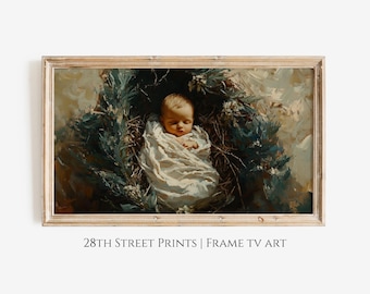 May include: A painting of a baby sleeping in a nest of greenery. The baby is wrapped in a white blanket and has a peaceful expression on its face. The painting is framed in a light wood frame.