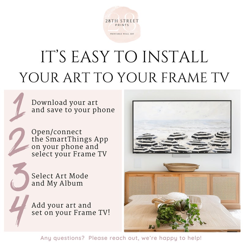 K&ouml;nnte beinhalten: Eine Schritt-f&uuml;r-Schritt-Anleitung zum einfachen Installieren von Kunst auf einem Samsung Frame TV. Die Anleitung umfasst vier Schritte: Kunst herunterladen, mit der SmartThings-App verbinden, den Art-Modus ausw&auml;hlen und Kunst hinzuf&uuml;gen. Das Bild zeigt auch einen Frame TV, der einen Schwarzwei&szlig;-Abstrakt-Kunstdruck anzeigt.