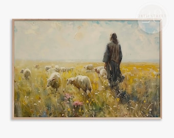 Easter Jesus Shepherd Oil Painting: Spring Pastoral Art (Digital Download)