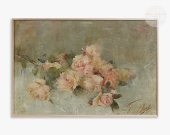 Vintage Pink Roses Oil Painting: Summer Floral Art (Digital Download)