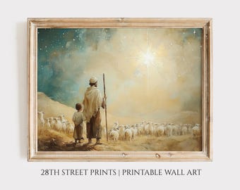 May include: A framed print depicts a shepherd and child with a flock of sheep, illuminated by a bright star. The artwork is in warm tones, with a wooden frame. The text at the bottom reads "28TH STREET PRINTS | PRINTABLE WALL ART."