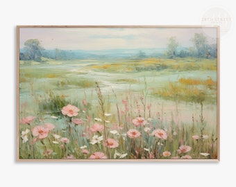 Wildflower Landscape Oil Painting: Vintage Spring Art Print (Digital Download)