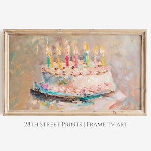 May include: A painting of a white birthday cake with pink frosting and colorful candles. The cake is on a blue plate and a white table. The background is a light brown color.