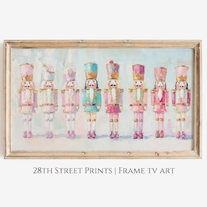 May include: A framed painting of a row of eight nutcracker figurines. The nutcrackers are painted in shades of pink, blue, and green, and they are all wearing different hats and accessories. The background of the painting is a light blue.