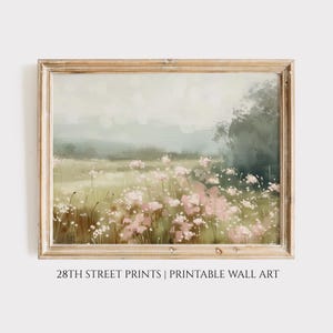 Impression de fleurs sauvages roses, impression d'art mural paysage floral, prairie de fleurs imprimable, art mural rose pour chambre de bébé, pastel girly téléchargement numérique