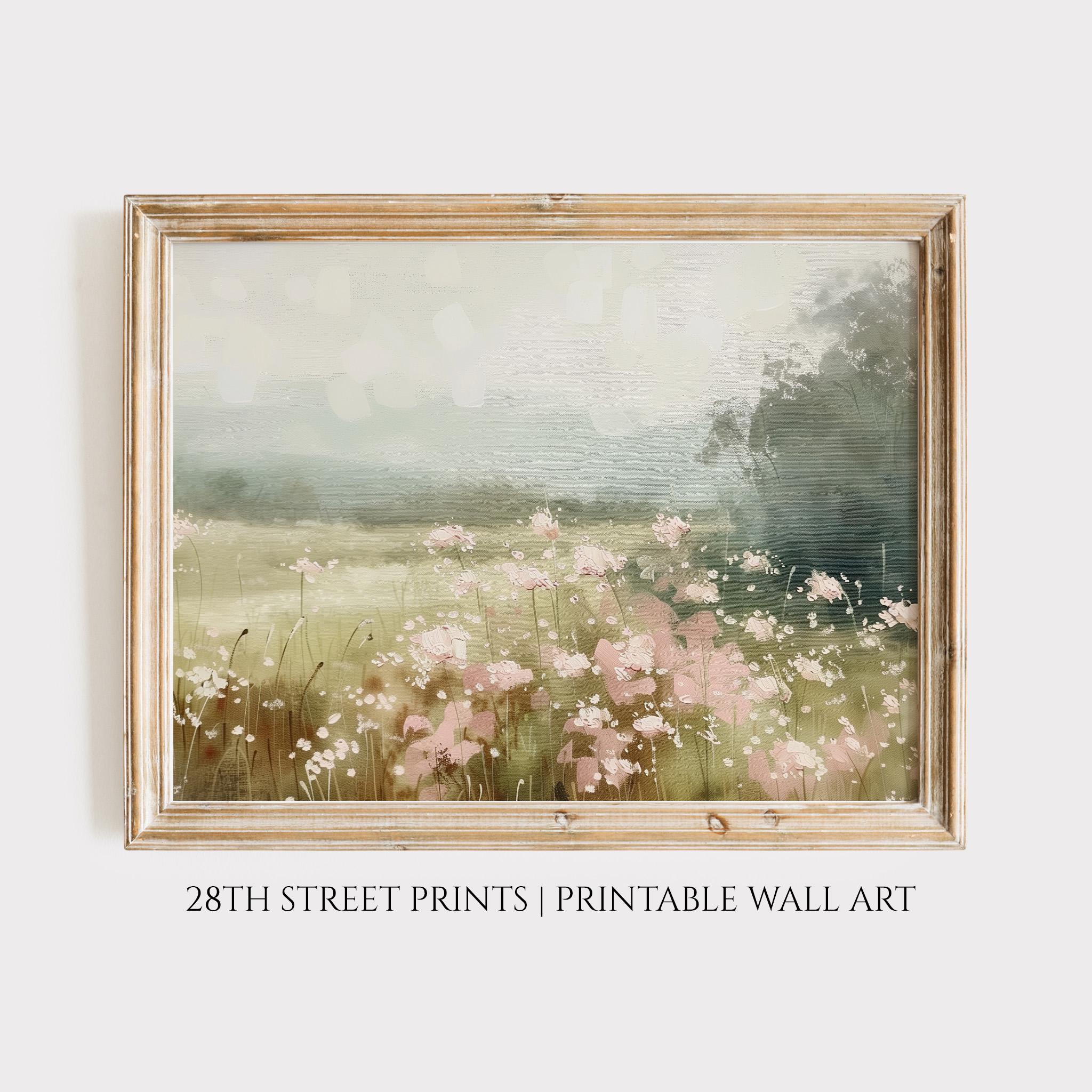 Pink Wildflower Meadow Print: Pastel Nursery Landscape (Digital Download)