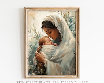 May include: A painting of a woman holding a baby in her arms. The woman is wearing a white robe and the baby is wrapped in a white cloth. The painting is set against a background of blue and green foliage.