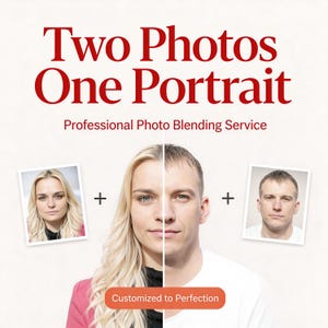 Könnte beinhalten: Werbung für einen professionellen Fotomischservice. Das Bild zeigt ein zusammengesetztes Porträt, das aus zwei separaten Fotos erstellt wurde. Der Text lautet "Two Photos One Portrait" und "Customized to Perfection".