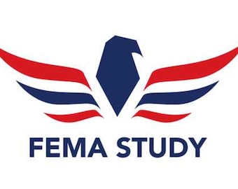 Könnte beinhalten: Ein Logo mit einem blauen Adler mit roten und blauen Flügeln, darunter der Text "FEMA STUDY".