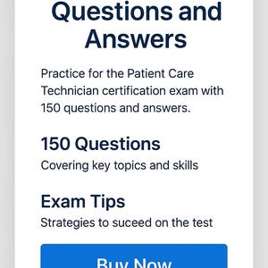Op de afbeelding: Witte achtergrond met de tekst "NHA PCT Exam Questions and Answers" in donkerblauw. De tekst promoot oefenvragen voor het certificeringsexamen voor patiëntenzorgtechnici, inclusief 150 vragen en examentips. Blauwe "Buy Now"-knop.