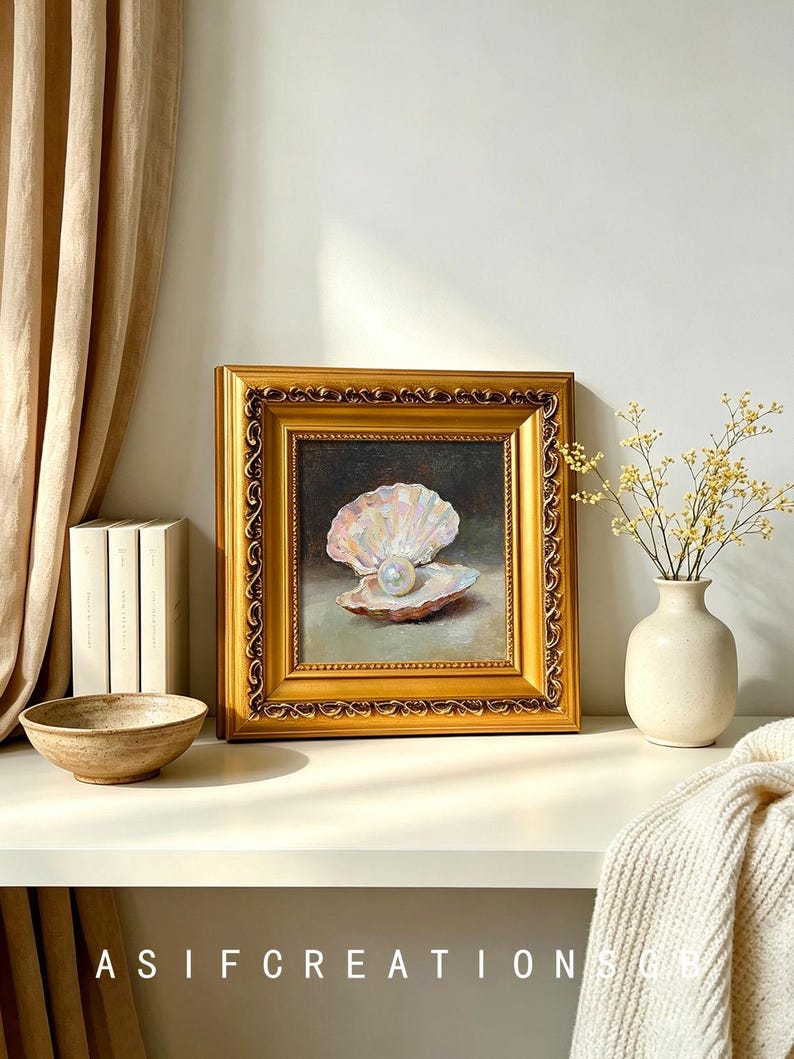 Shell Pearl Still Life Hand Painted Oil Art, Vintage Golden Framed Wall ...