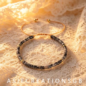 4x2mm Black Natural Stone Beaded Bracelet, Adjustable Boho Woven Stackable Bracelet, 16.5-28cm Fit