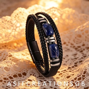 Men's Braided Sodalite Leather Bracelet, 7.5 Inch Multi-Layer Stone Wristband