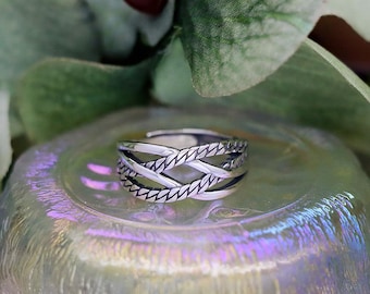S925 Sterling Silver Vintage Geometric Twisted Braided Cross-Line Open Ring, Trendy Adjustable Design