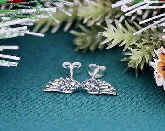 Angel Wing Feather Sterling Silver Stud Earrings, Delicate Guardian Symbol, Ethereal S925 Jewelry