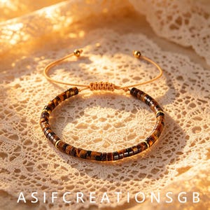 Tiger Eye Beaded Bracelet, Adjustable Boho Woven Natural Stone Stackable Bracelet, 16.5-28cm