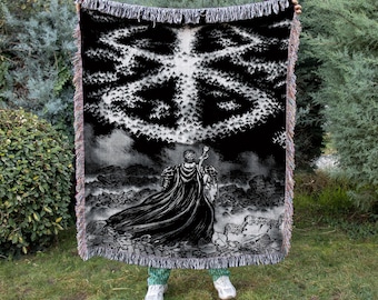 Berserk Manga Throw Blanket, Anime Gothic Woven Tapestry, Medieval Cozy Handwoven Cotton Manga Panel Room Decor, Dark Fantasy Gift For Him