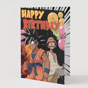 Biglietto di auguri di buon compleanno anime - Tema Dragonball Z e One Piece